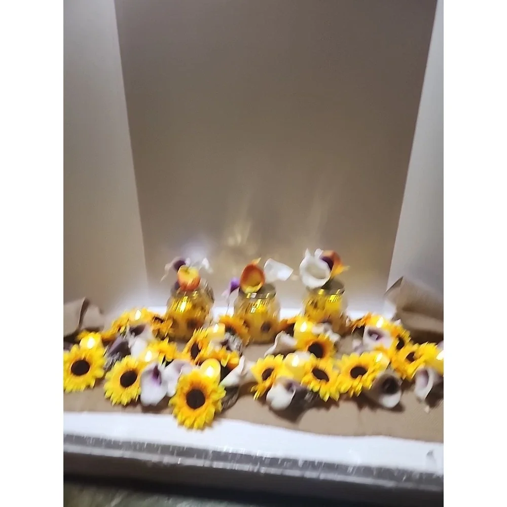 Sunflower Display W/ Lights 70 Inch Burlap 3 Canning Jar 10 Floral Candle Holder